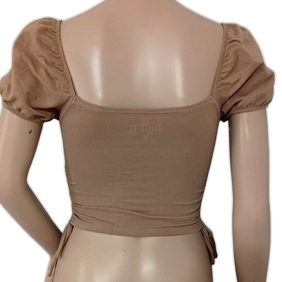 Y2K Hollister Milkmaid Top XXS Babydoll Cropped Ruched Coquette Puff Sleeves Tan - Picture 4 of 16